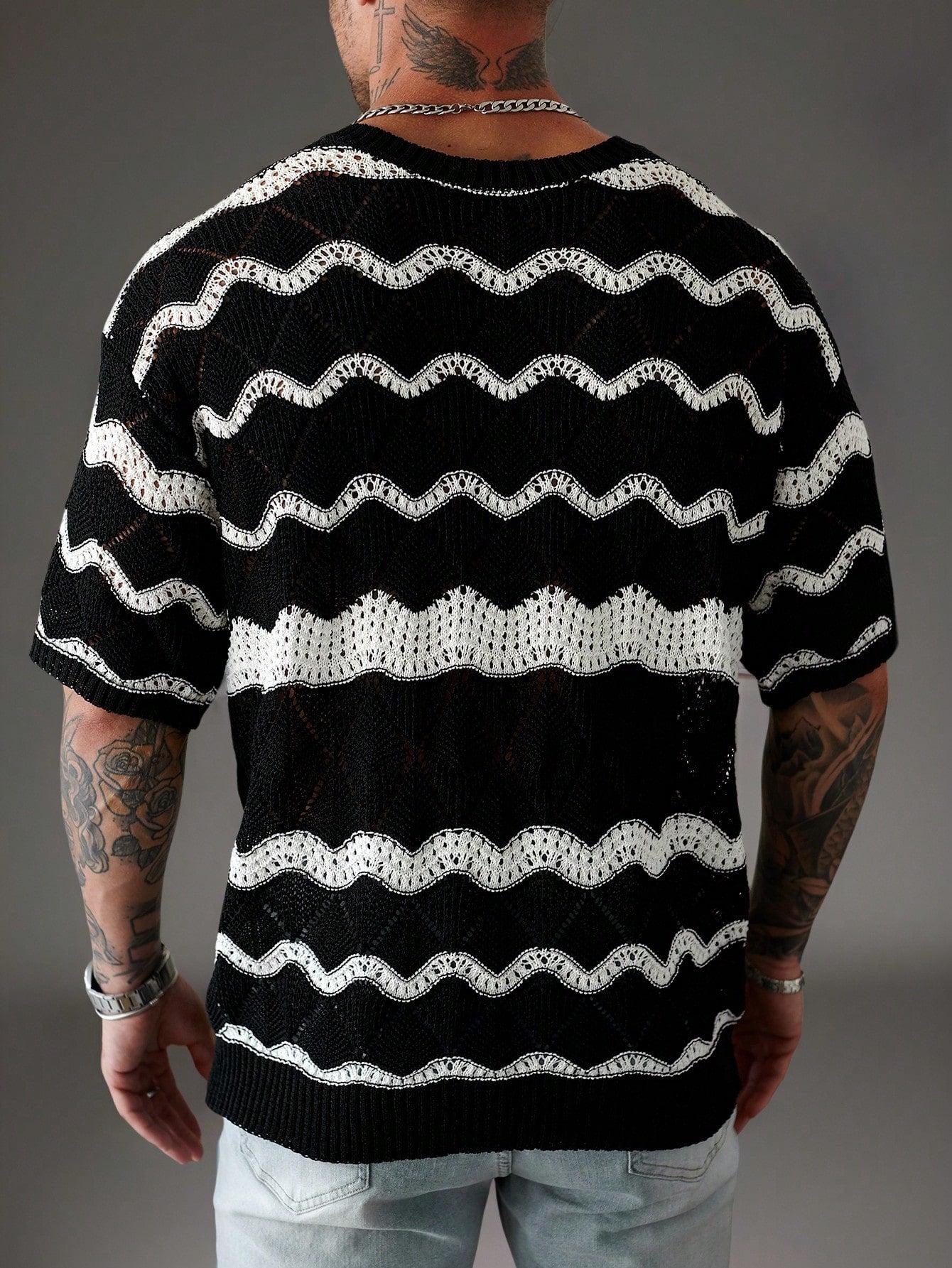 Manfinity Homme Men'S Wave Stripe Crew Neck Short Sleeve Casual Knit Top