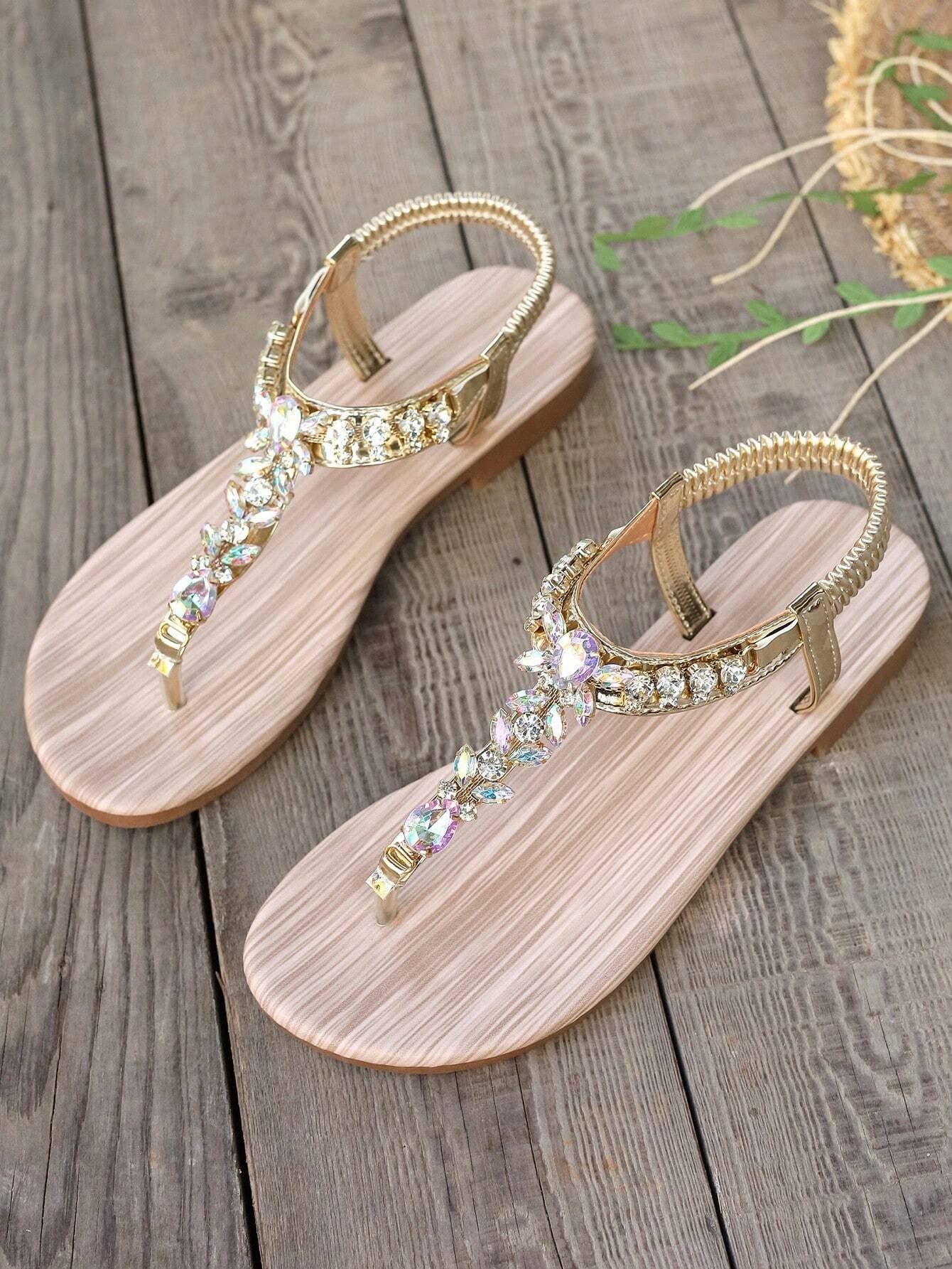 Gold Sandals Summer Women Shoes Roman Style Rhinestone Flat Heels Lightweight Slip-Ons Sexy Bohemian Beach Party Sandals