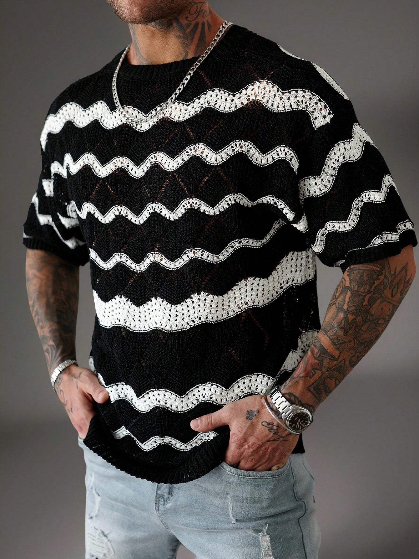 Manfinity Homme Men'S Wave Stripe Crew Neck Short Sleeve Casual Knit Top