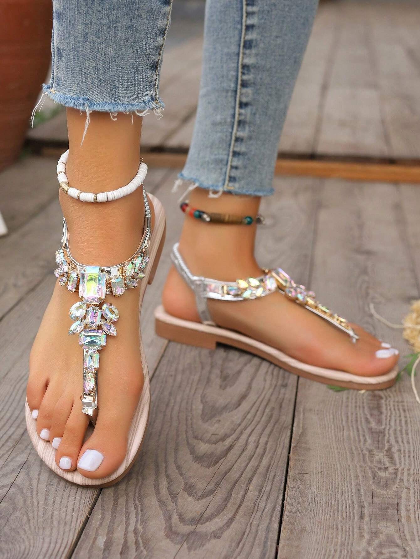 Gold Sandals Summer Women Shoes Roman Style Rhinestone Flat Heels Lightweight Slip-Ons Sexy Bohemian Beach Party Sandals