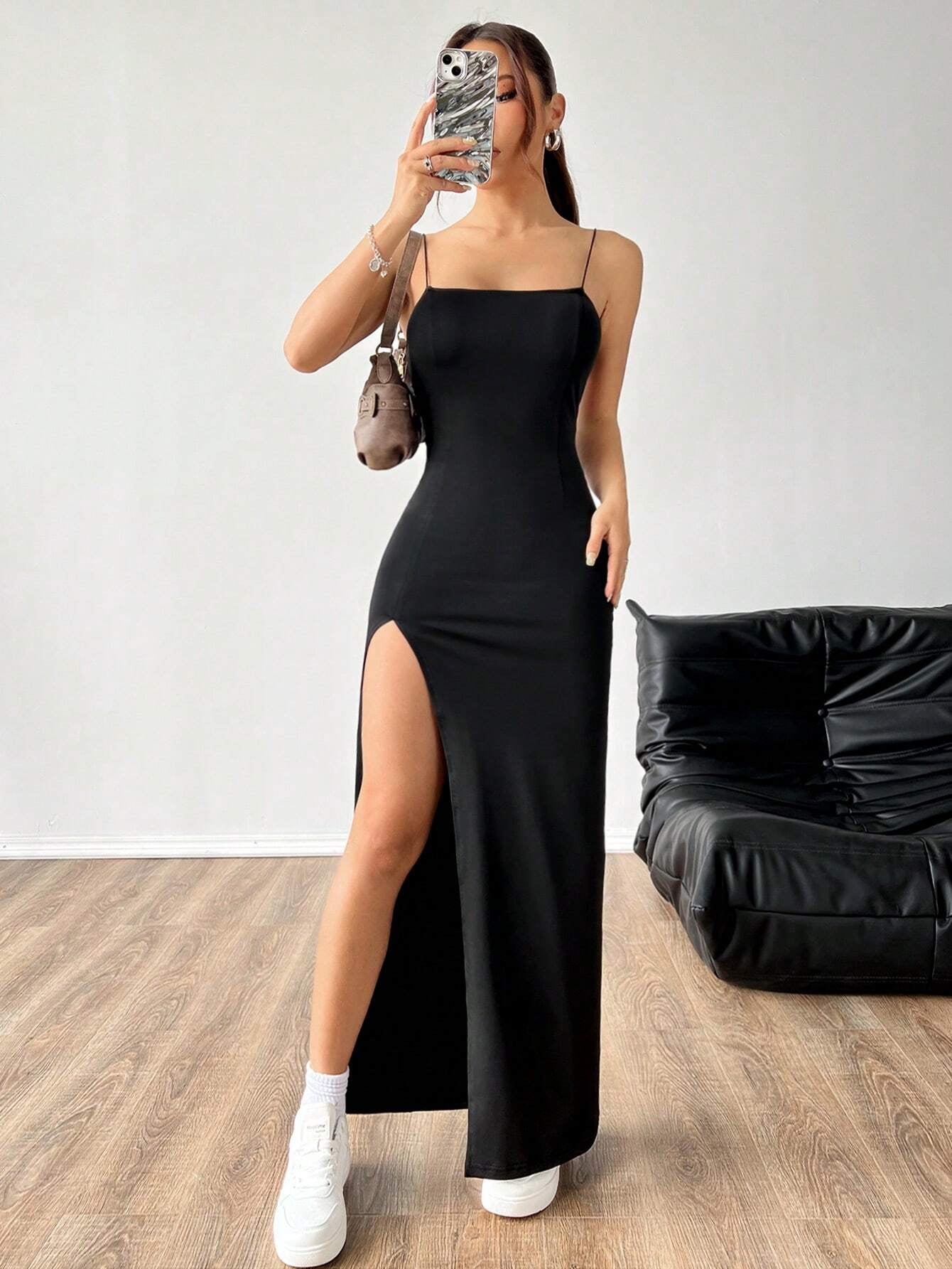 Ezwear Women'S Solid Color High Slit Spaghetti Strap Dress