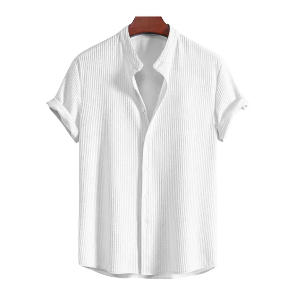 Retro Shirt Men Vintage Shirt Stylish Men'S Stand Collar Cardigan Shirt for Business Wear Short Sleeve Button-Down Top Solid