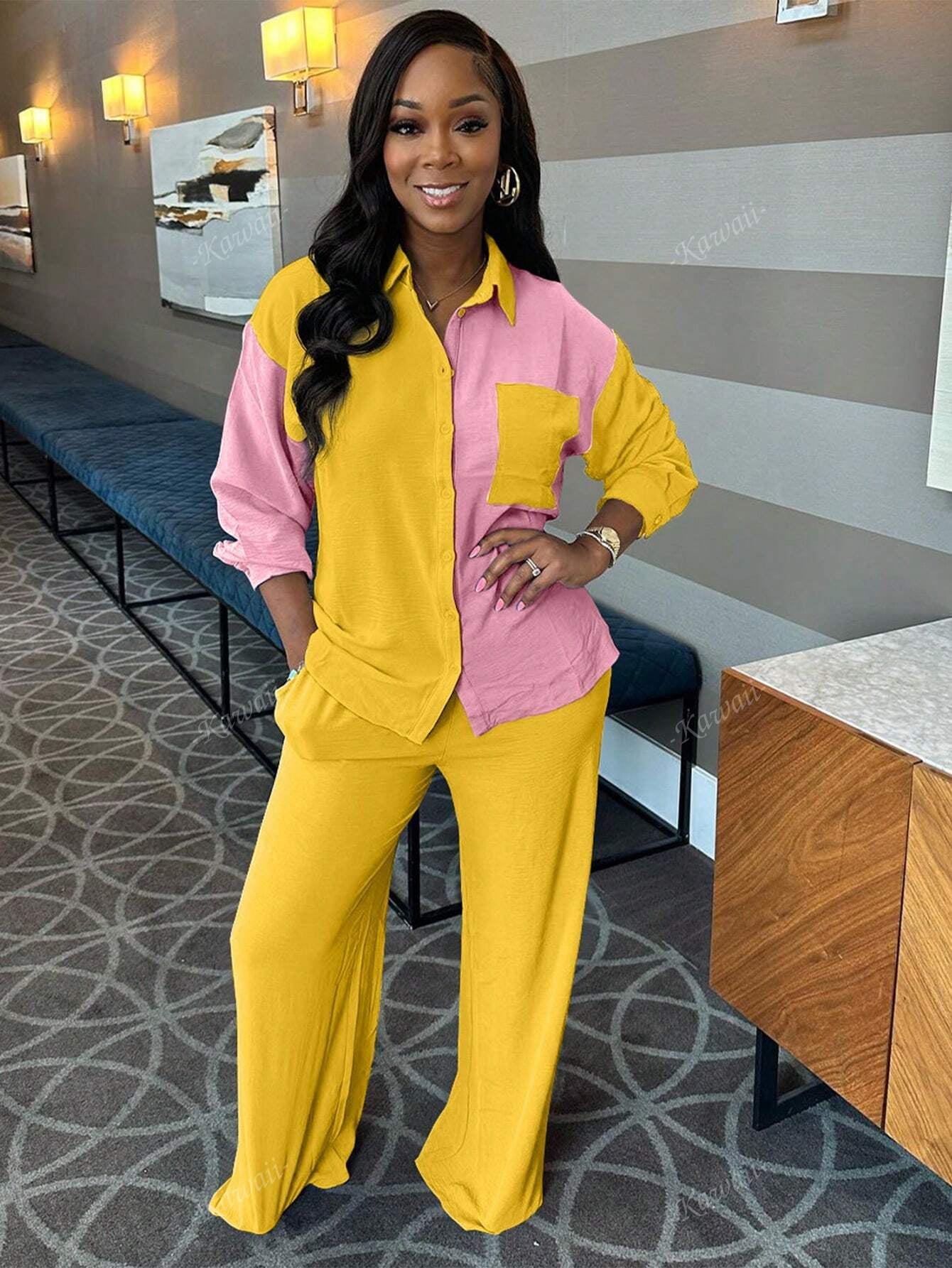2Pcs Contrast Color Collared Casual Elegant Shirt and Solid Color Pants Set