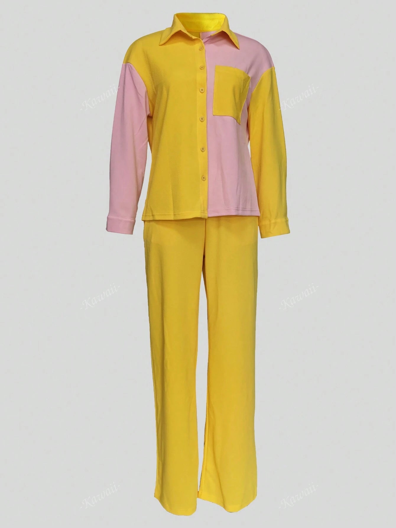 2Pcs Contrast Color Collared Casual Elegant Shirt and Solid Color Pants Set
