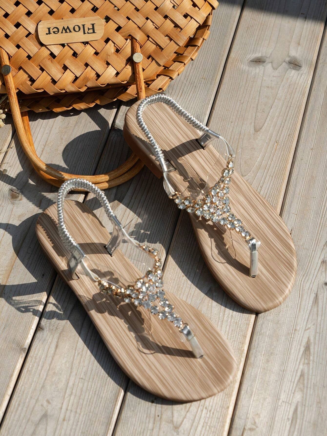 Gold Sandals Summer Women Shoes Roman Style Rhinestone Flat Heels Lightweight Slip-Ons Sexy Bohemian Beach Party Sandals