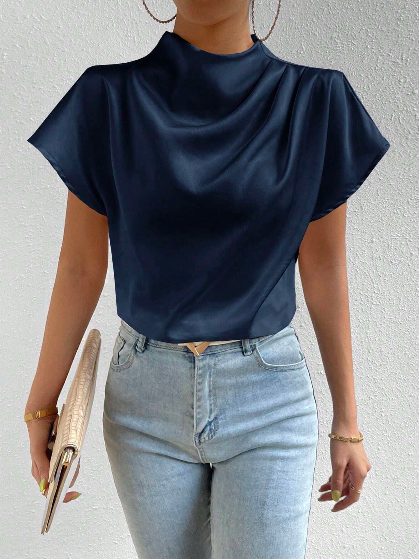 Rosydaze Stand Collar Plain Color Pleated Silk Elegant Short Sleeve Shirt