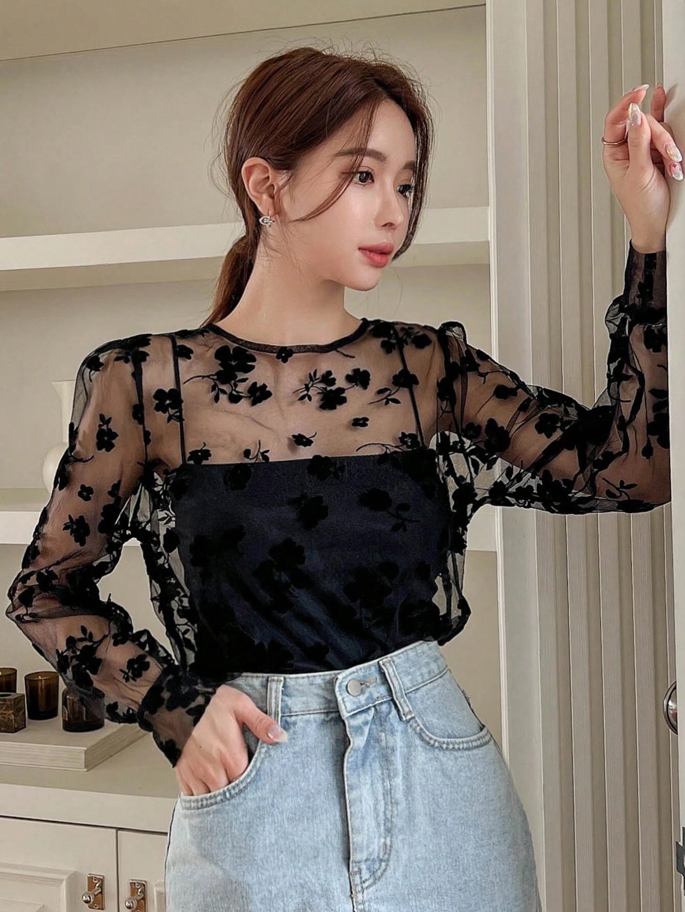DAZY Floral Embroidery Mesh Top without Cami Top Going Out Tops Sheer