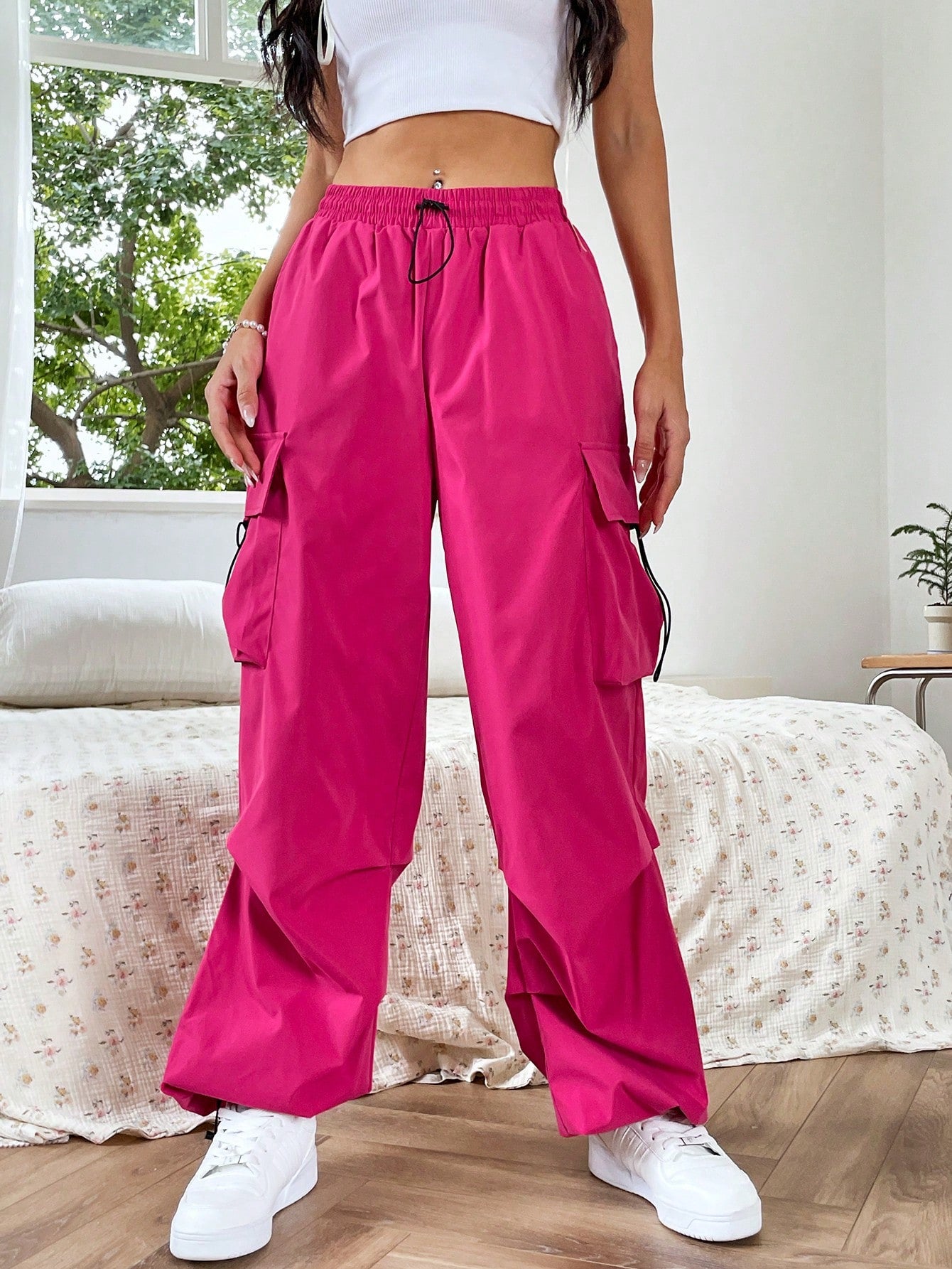 Ezwear Dopamine Pink Flap Pocket Side Drawstring Waist Cargo Pants