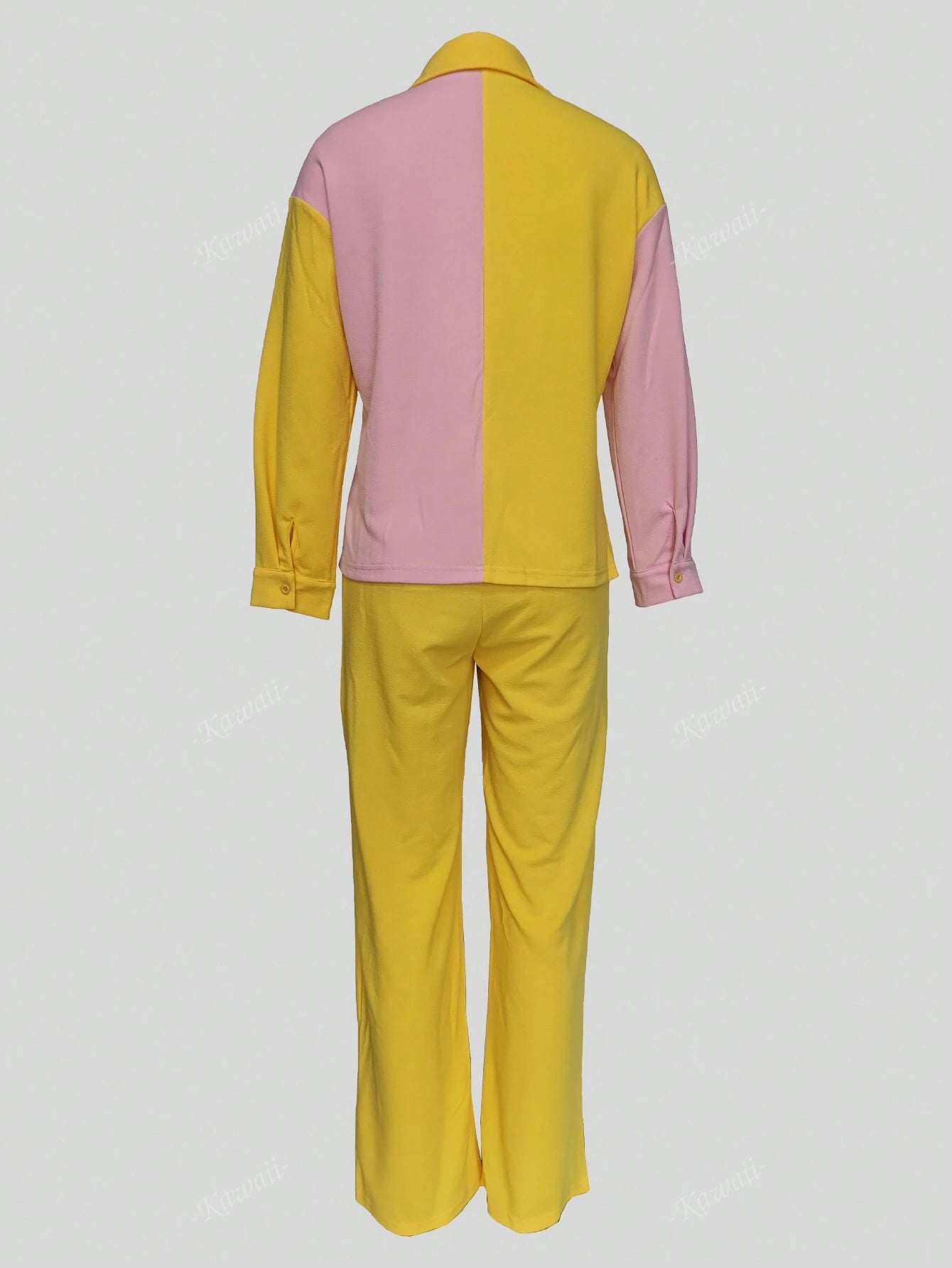 2Pcs Contrast Color Collared Casual Elegant Shirt and Solid Color Pants Set