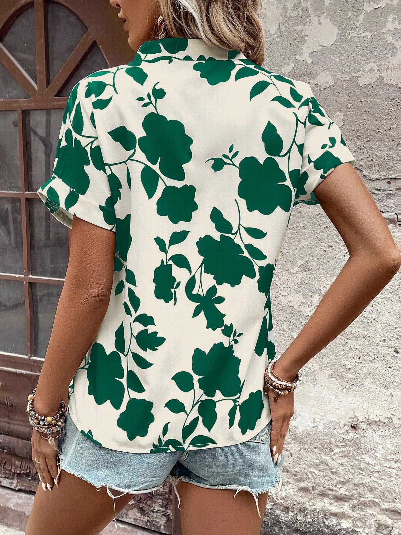 LUNE Holiday Casual Floral Printed Notched Neck Batwing Sleeve Blouse