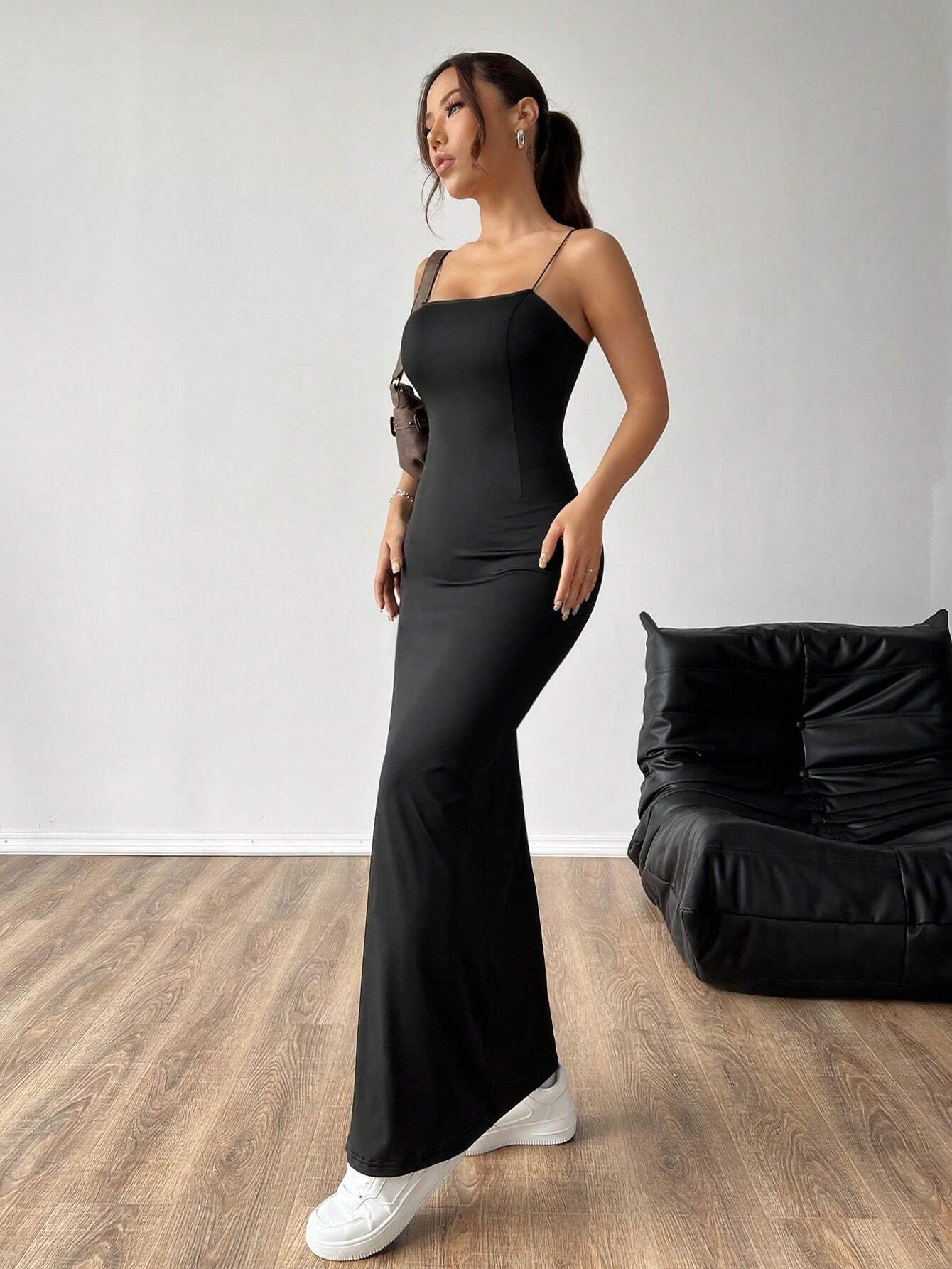 Ezwear Women'S Solid Color High Slit Spaghetti Strap Dress