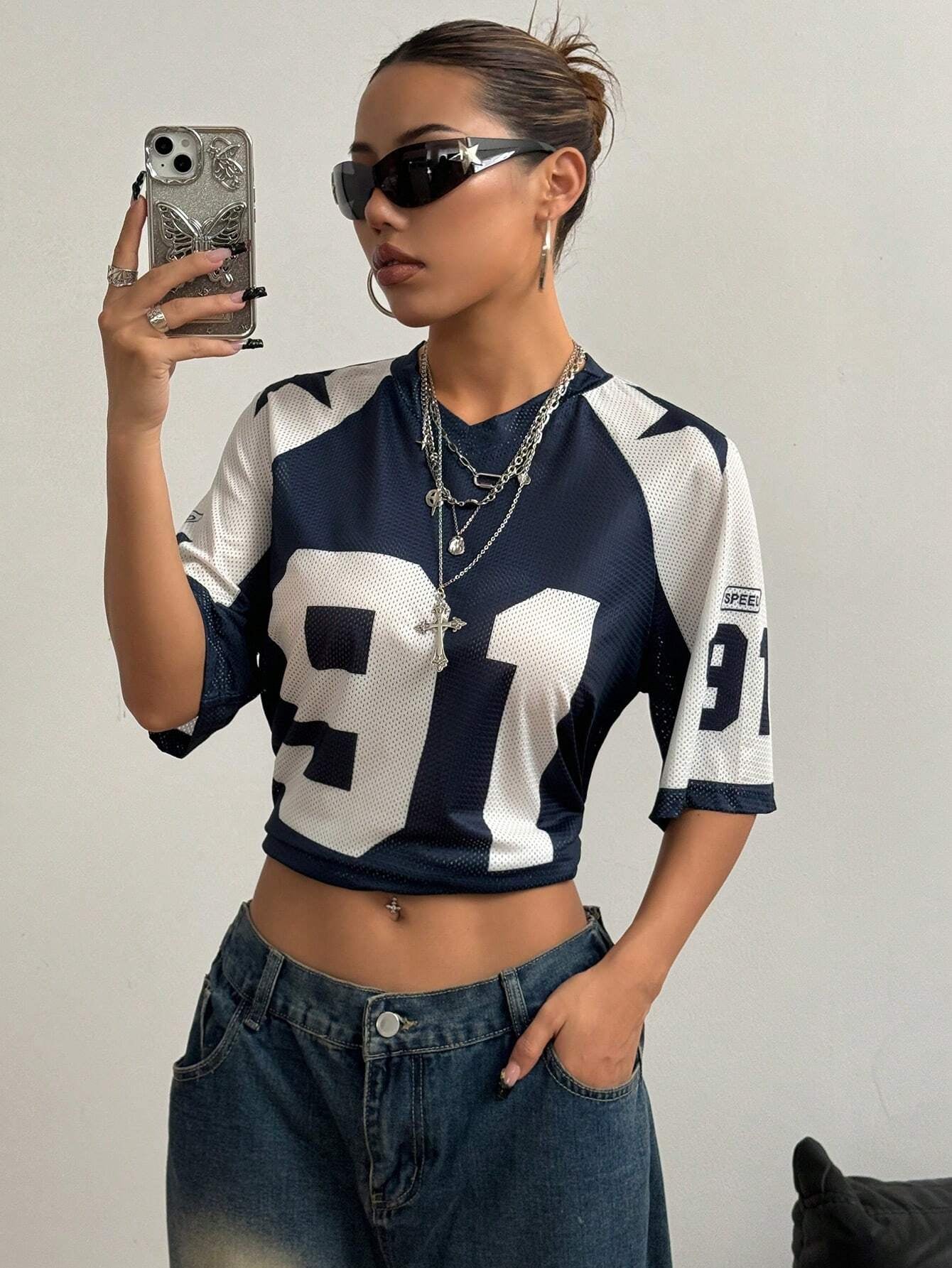 Flirla Breathable Mesh Color Block Numeric Print Loose Fit T-Shirt, Spring/Summer Graphic Tees Women Tops