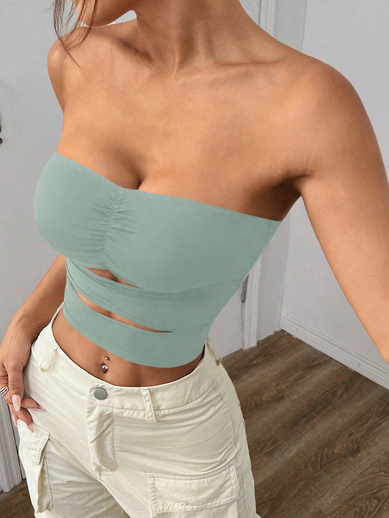 Flirla Women Solid Color Pleated Bandeau Cutout Sexy Crop Top