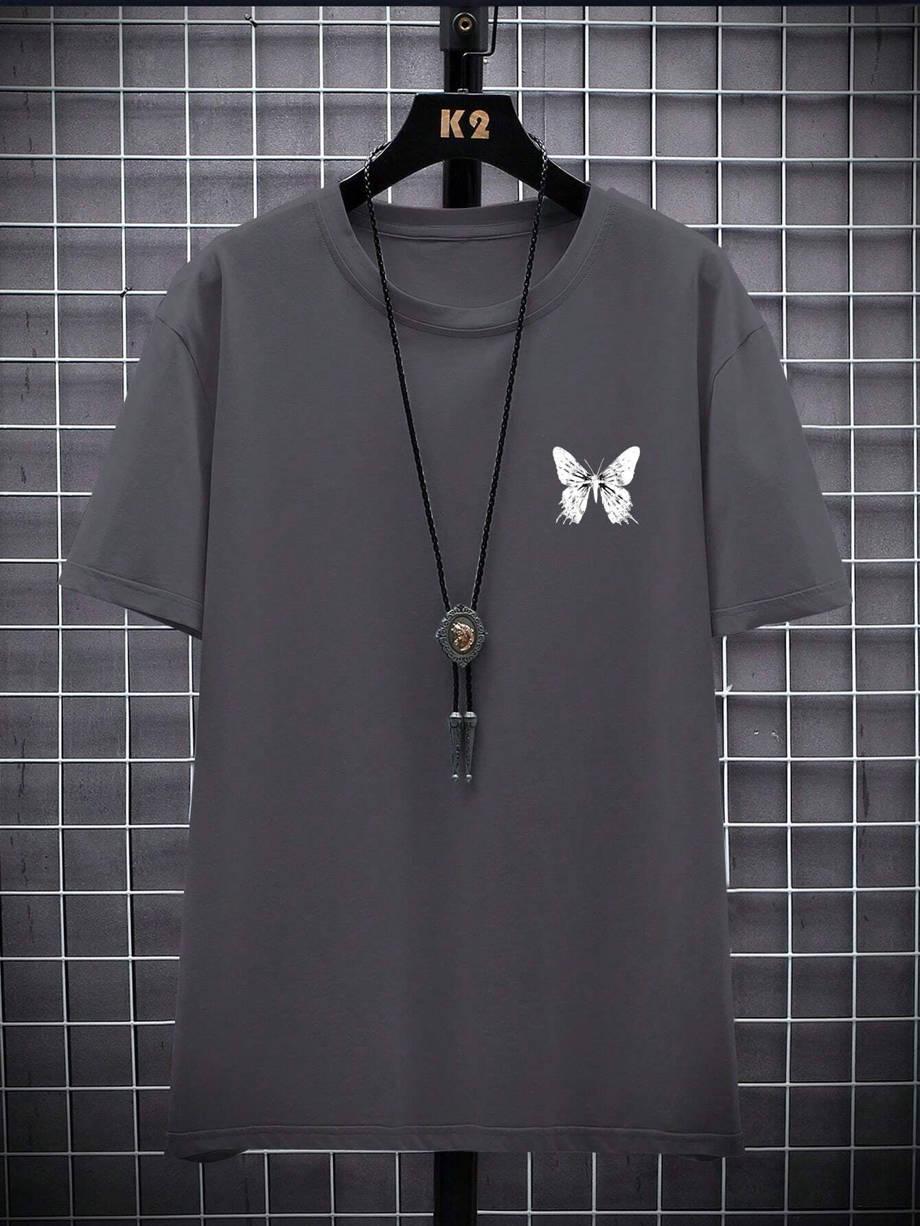 Manfinity EMRG Men T-Shirts Fit Crew Neck Short Sleeve Graphic Tee Butterfly Street Summer Polyester