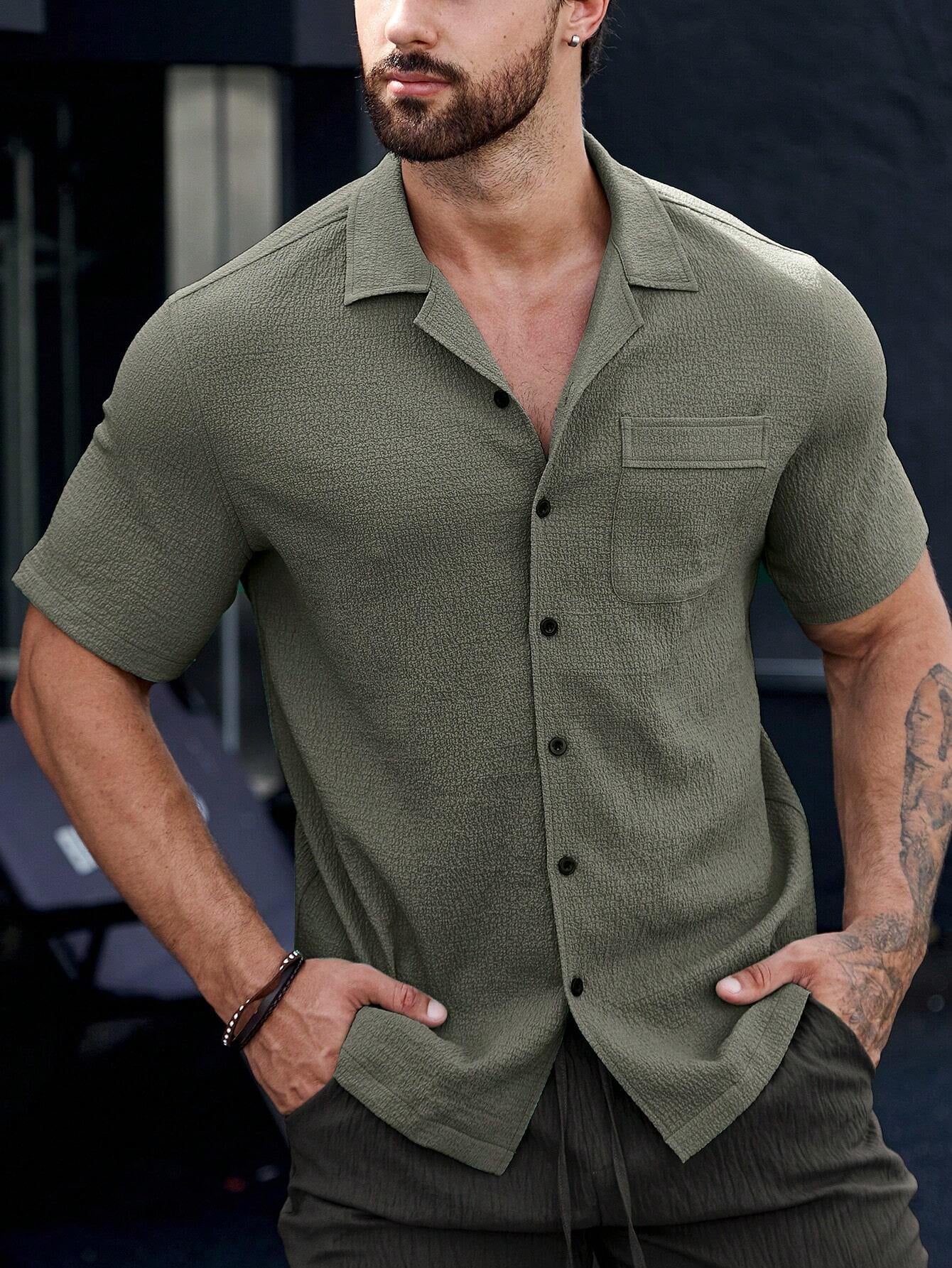 Manfinity Casualcool Men Solid Button up Pocket Patched Shirt