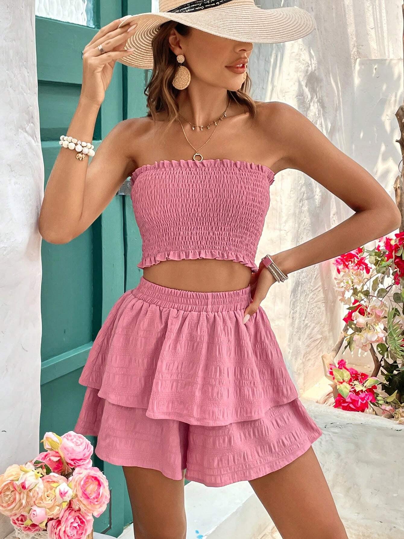 VCAY Women'S Summer Strapless Ruffle Hem Top and Tiered Shorts Casual Vacation Printed Outfit in Textured Fabric