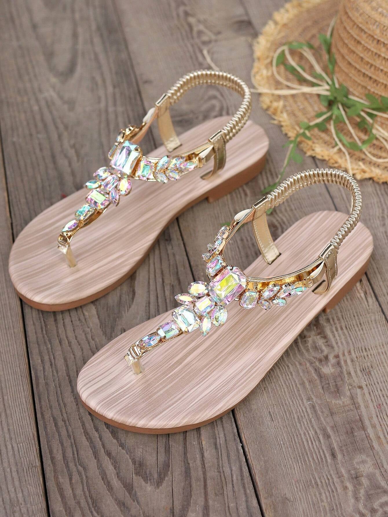 Gold Sandals Summer Women Shoes Roman Style Rhinestone Flat Heels Lightweight Slip-Ons Sexy Bohemian Beach Party Sandals