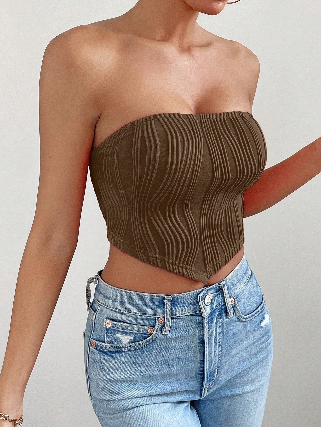 Chiquease Women Solid Color Textured Asymmetric Hem Cropped Bustier Top
