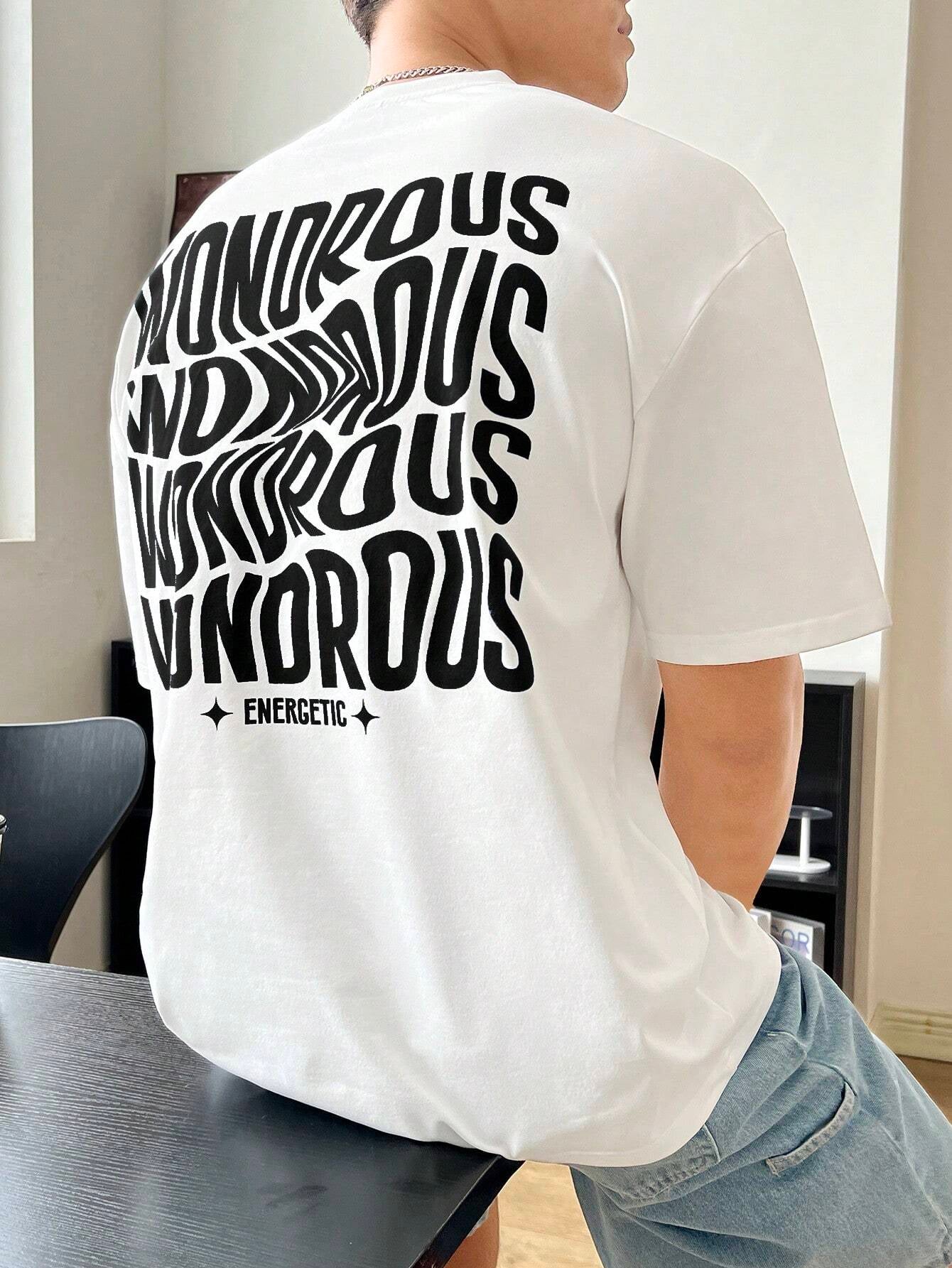 SWAVVY Loose Fit Men'S Elastic Knit T-Shirt with Slogan Print, Summer