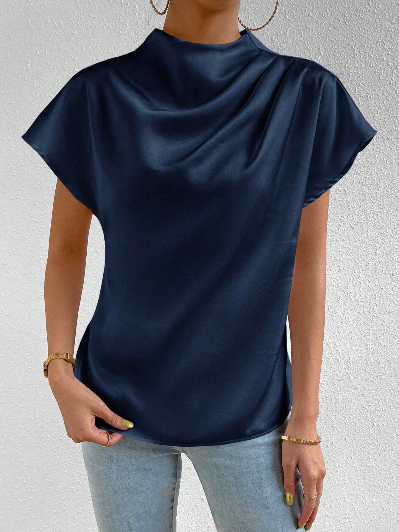 Rosydaze Stand Collar Plain Color Pleated Silk Elegant Short Sleeve Shirt
