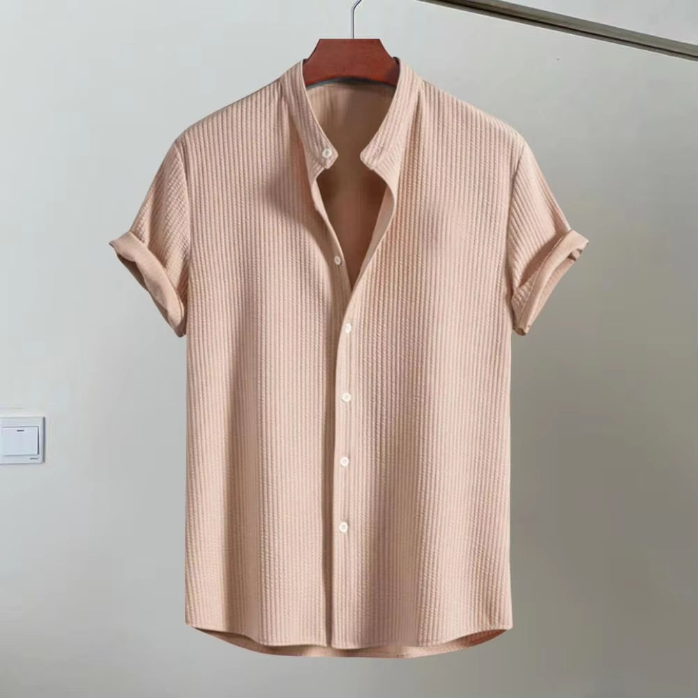 Retro Shirt Men Vintage Shirt Stylish Men'S Stand Collar Cardigan Shirt for Business Wear Short Sleeve Button-Down Top Solid