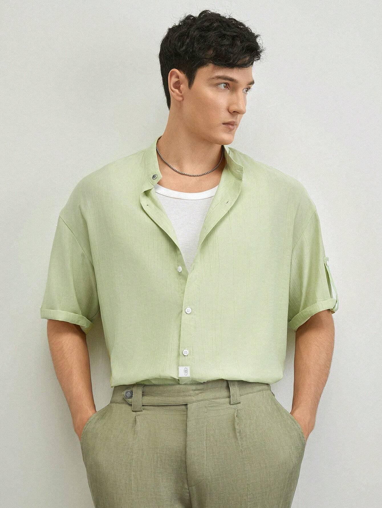 AKNOTIC Business Casual Men'S Woven Stand Collar Short Sleeve Casual Shirt, Suitable for Summer