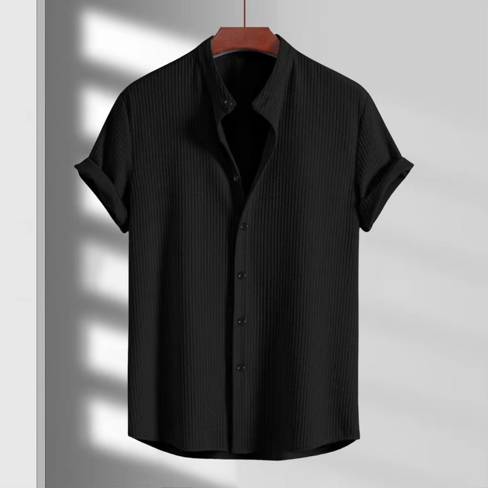 Retro Shirt Men Vintage Shirt Stylish Men'S Stand Collar Cardigan Shirt for Business Wear Short Sleeve Button-Down Top Solid