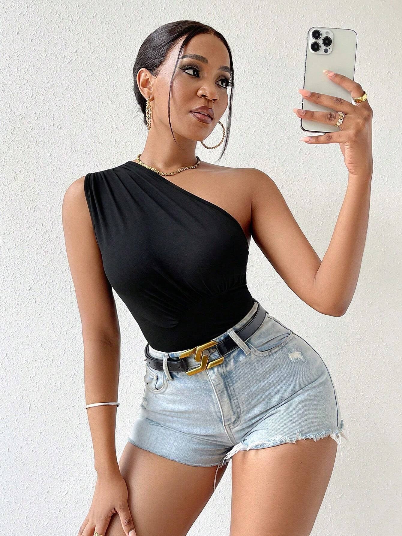 Vavabold Solid Top,Ladies Casual Ruched Asymmetrical Neck Slim Fit Black Plain Women Tops,Spring/Summer,Casual Daily Wear