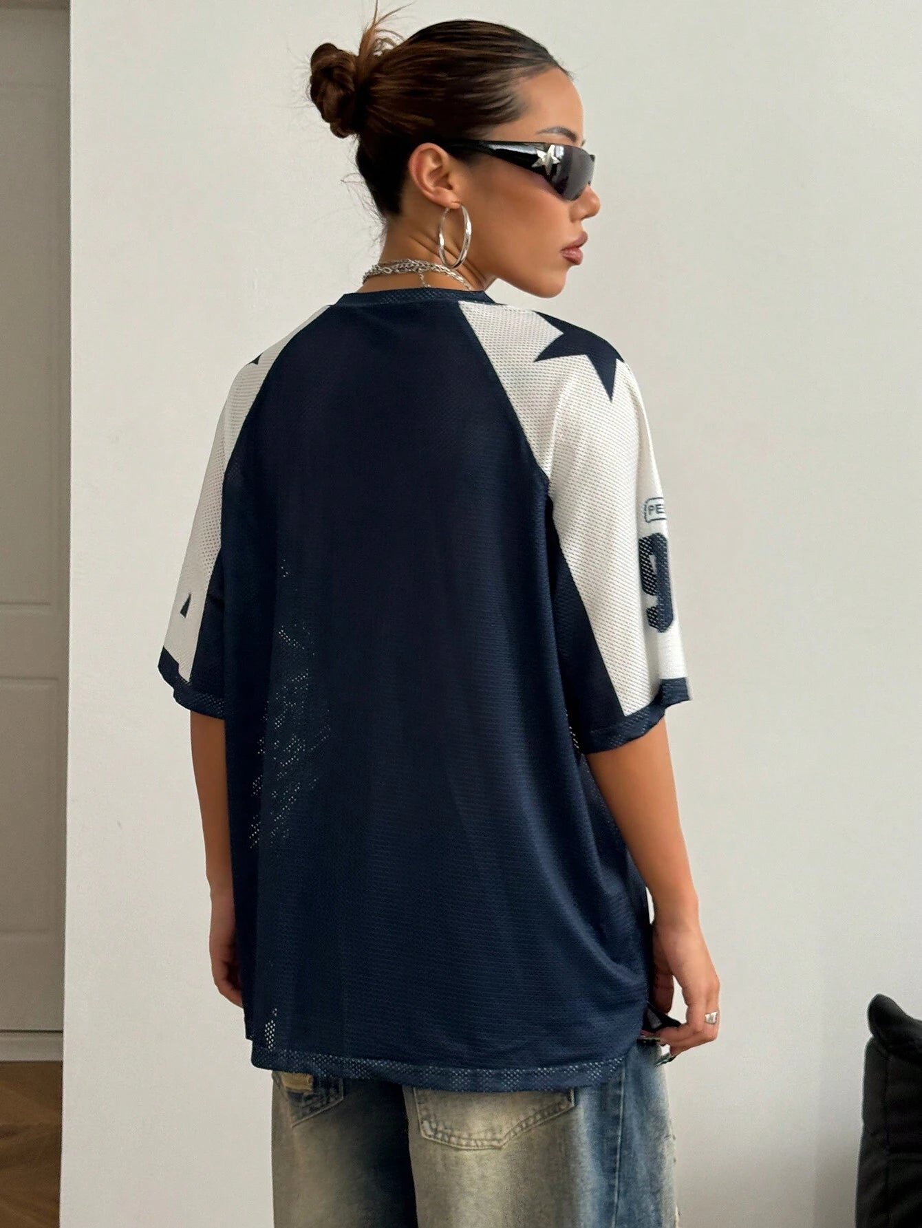 Flirla Breathable Mesh Color Block Numeric Print Loose Fit T-Shirt, Spring/Summer Graphic Tees Women Tops