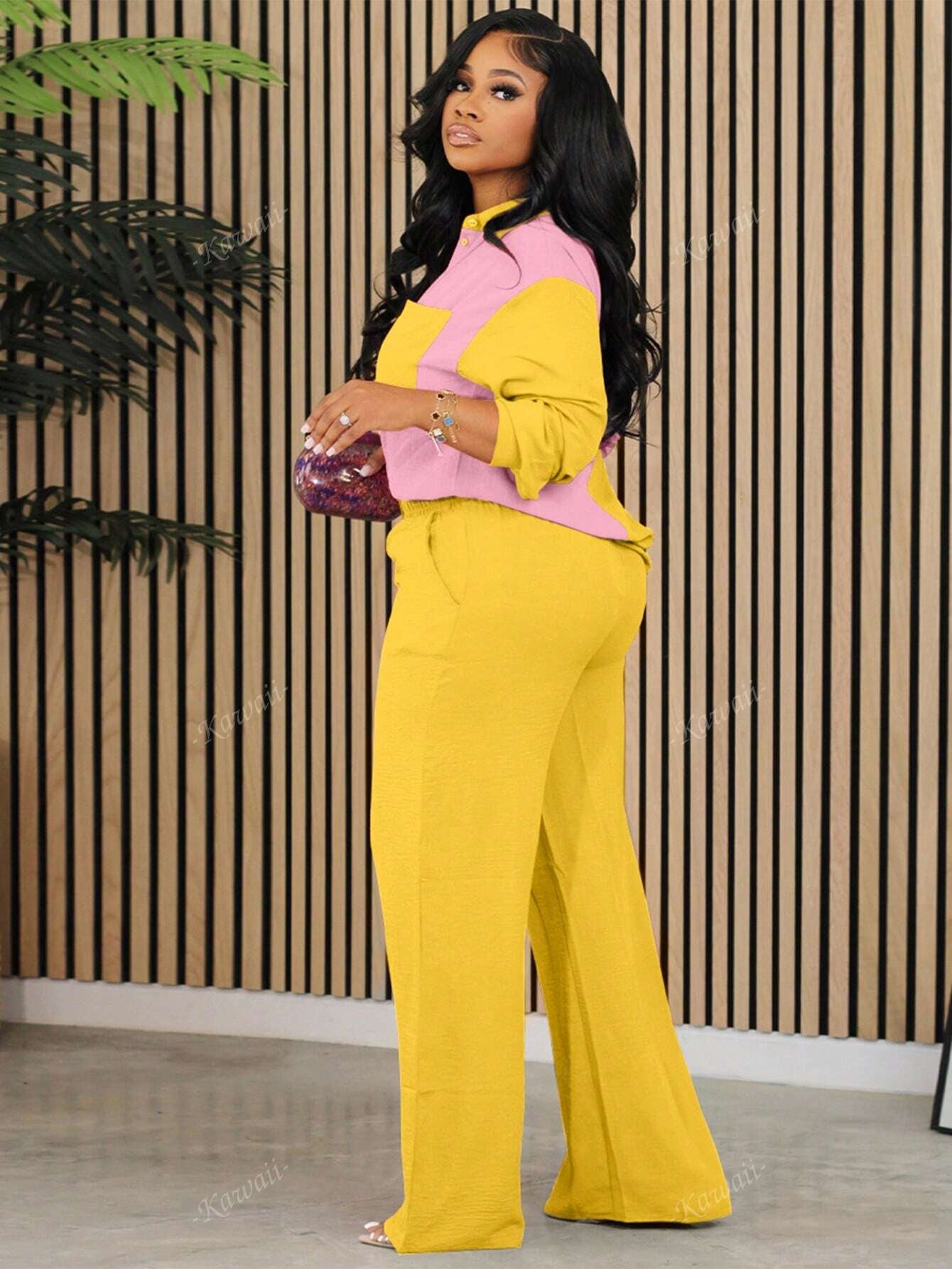 2Pcs Contrast Color Collared Casual Elegant Shirt and Solid Color Pants Set