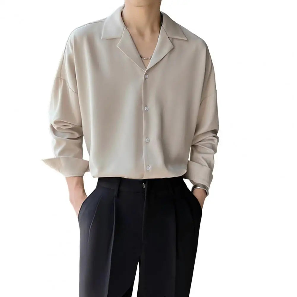 Men Clothing Senior Spring Cuban Neck Shirt for Men Solid Color Fashion Loose Casual Drop Long Sleeve Men Dress Shirt