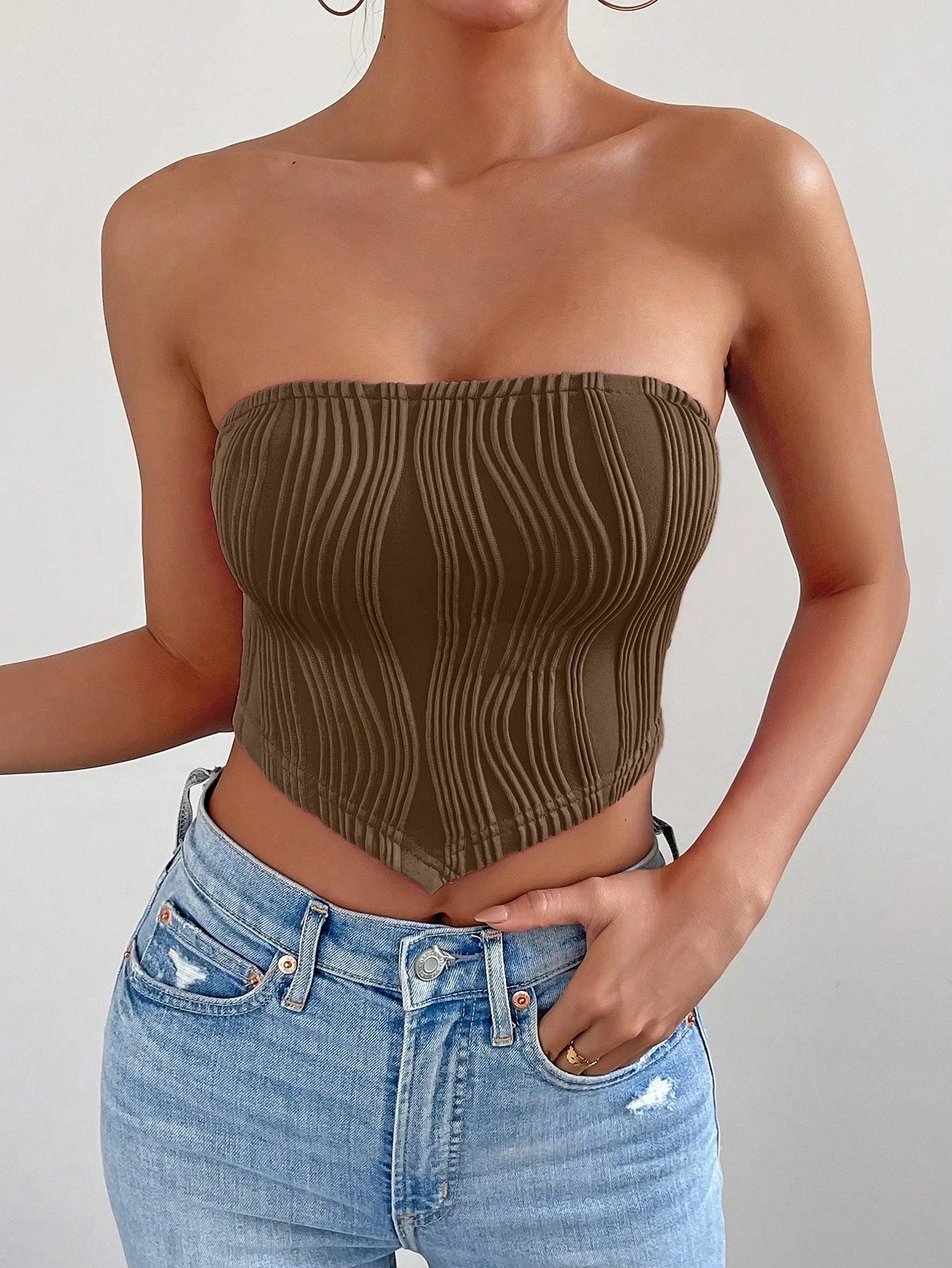 Chiquease Women Solid Color Textured Asymmetric Hem Cropped Bustier Top
