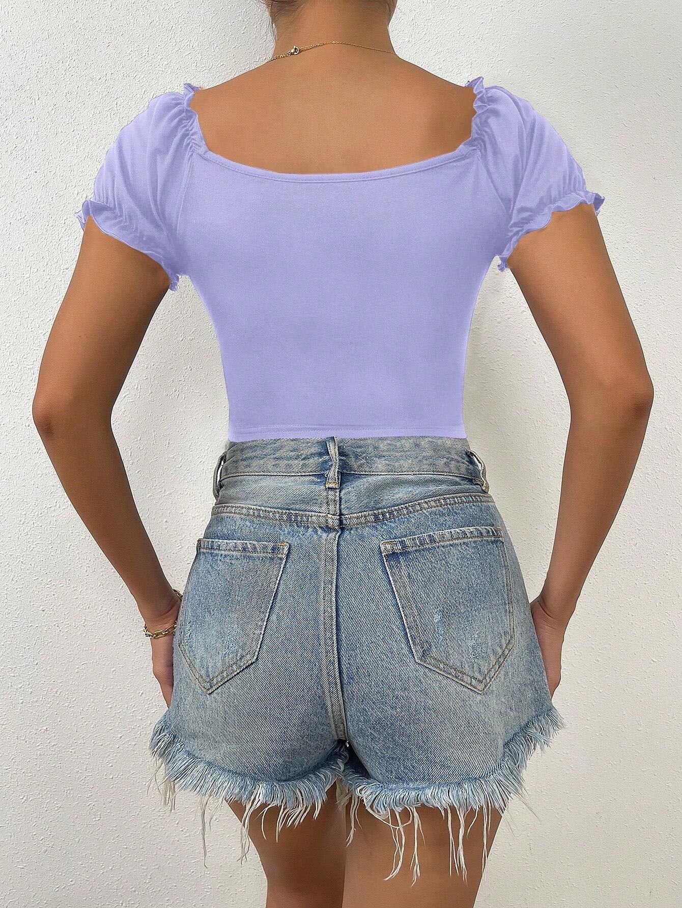 Calvaya Solid Color Henley Collar Pleated Short Sleeve T-Shirt