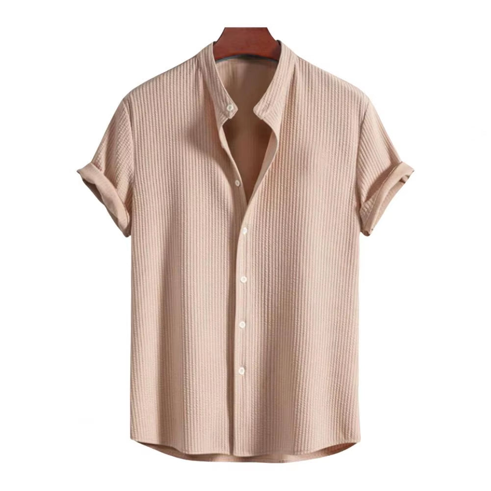 Retro Shirt Men Vintage Shirt Stylish Men'S Stand Collar Cardigan Shirt for Business Wear Short Sleeve Button-Down Top Solid