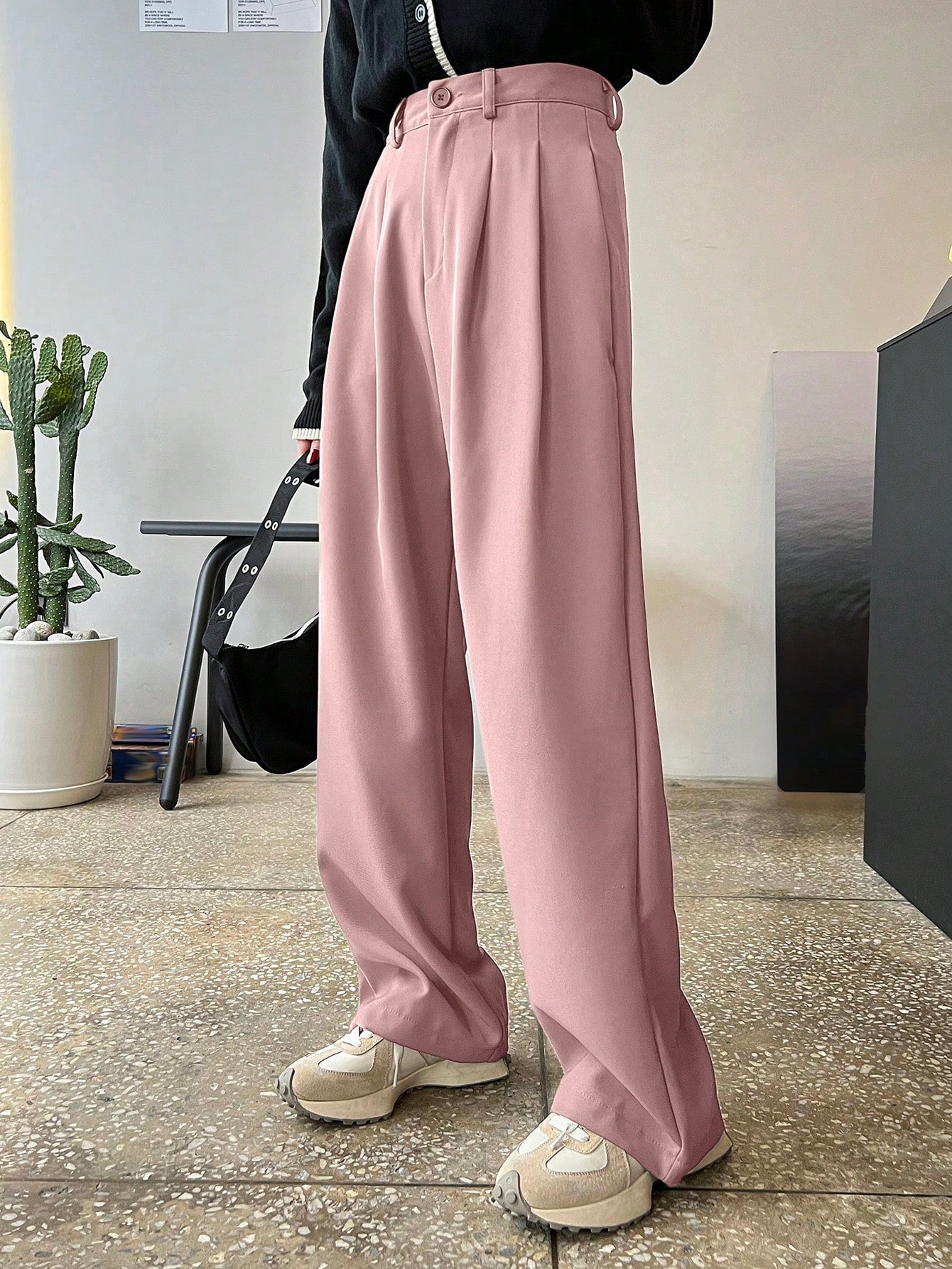 DAZY Women'S Solid Color Pleated Straight Leg Business Casual Pants