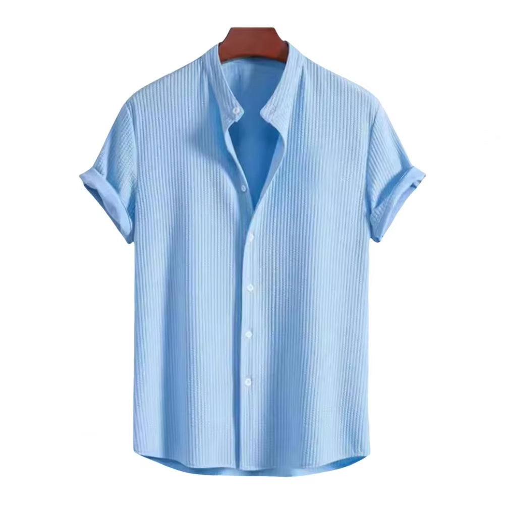 Retro Shirt Men Vintage Shirt Stylish Men'S Stand Collar Cardigan Shirt for Business Wear Short Sleeve Button-Down Top Solid