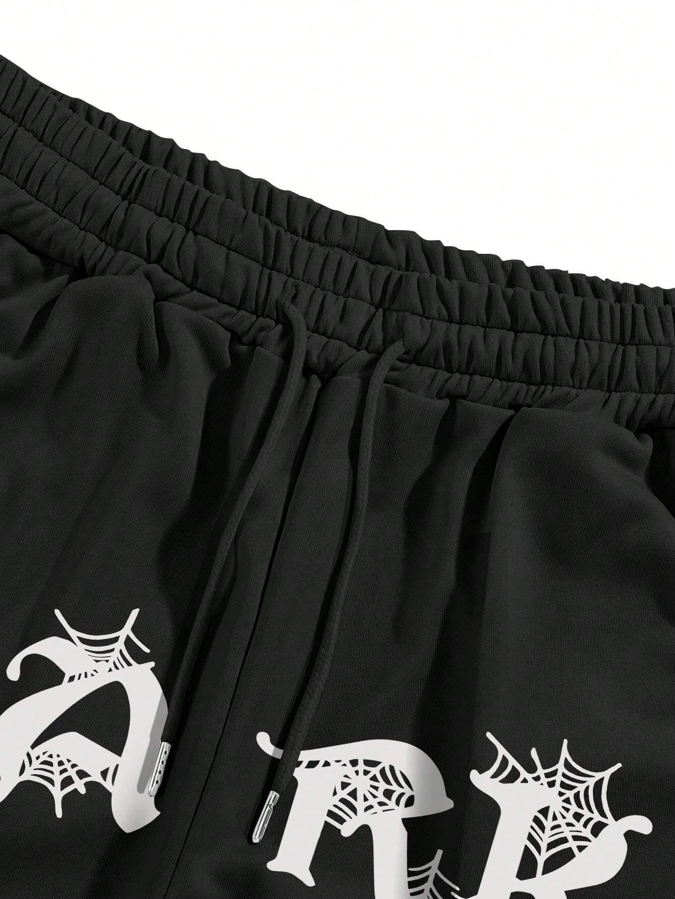 Manfinity EMRG Men'S Casual Spider Web & Letter Printed Sweatpants with Drawstring Waist and Slant Pockets, Halloween Graphic Going Out Long Baggy Sweatpants, for Husband, Boyfriend Gifts, for Rave