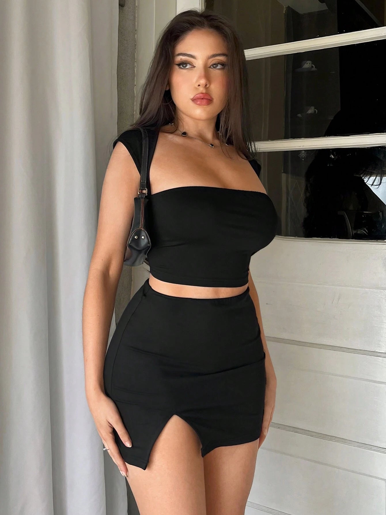 Aloruh Black Shoulder Coverage Crop Top + Mini Tight Slit Skirt, Elegant 2Pcs Set for Women