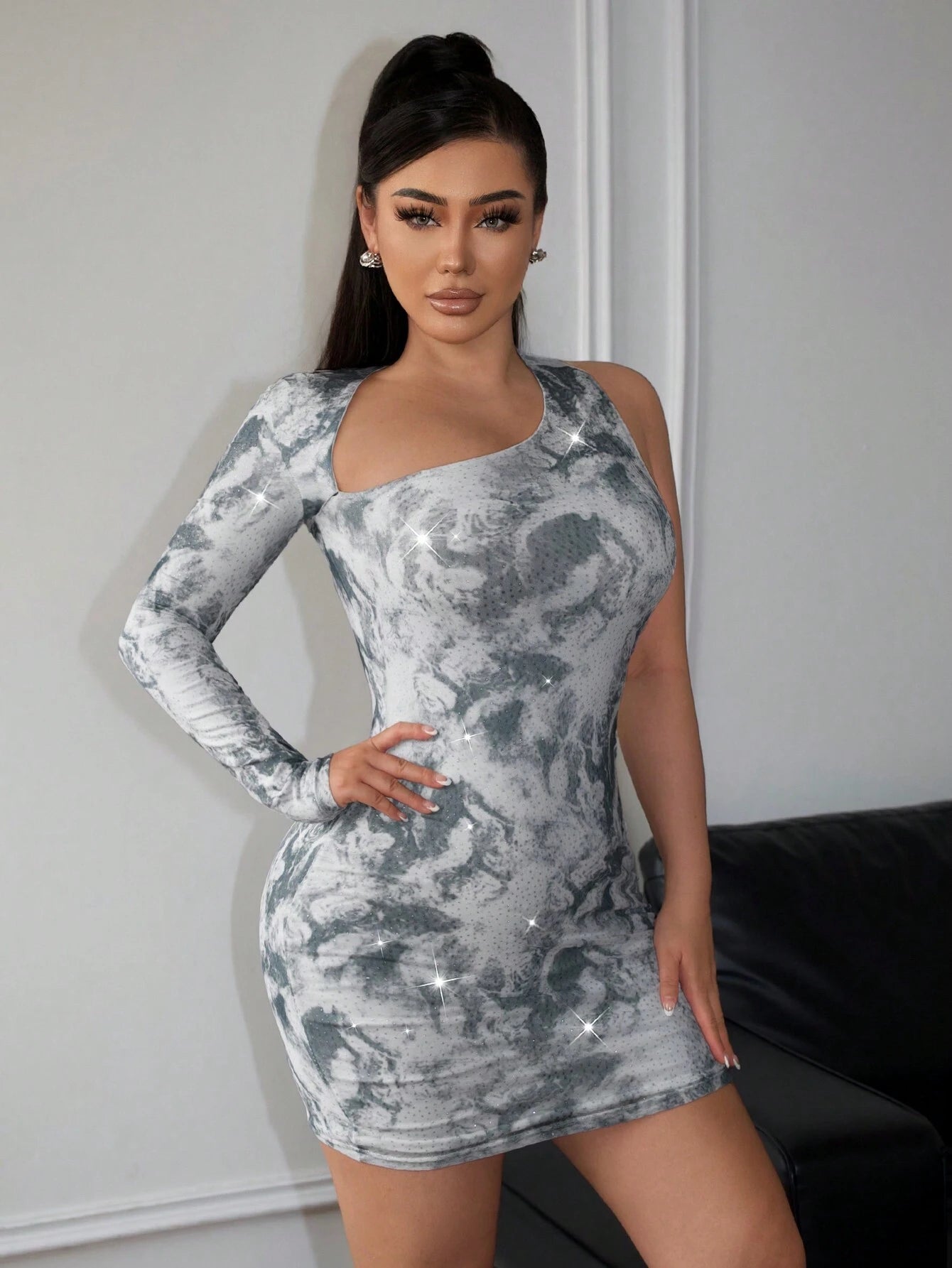 SXY X STAS SXY Women Sexy One-Shoulder Dress with Sparkling Printed Flowers