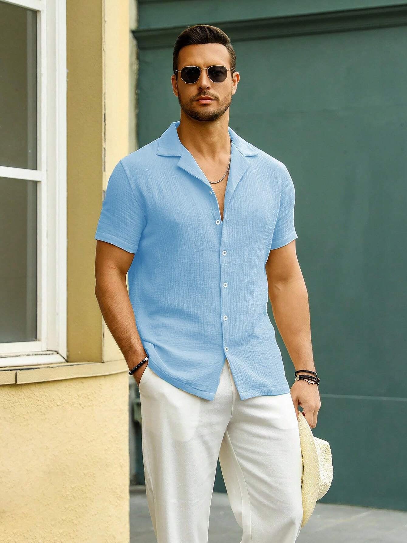 Men'S Slim Fit Cuban Collar Short Sleeve Guayabera Casual Shirt, Summer Wedding Beach Top