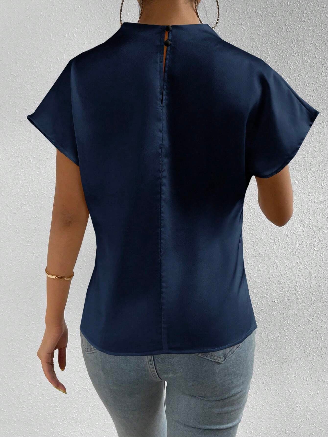 Rosydaze Stand Collar Plain Color Pleated Silk Elegant Short Sleeve Shirt