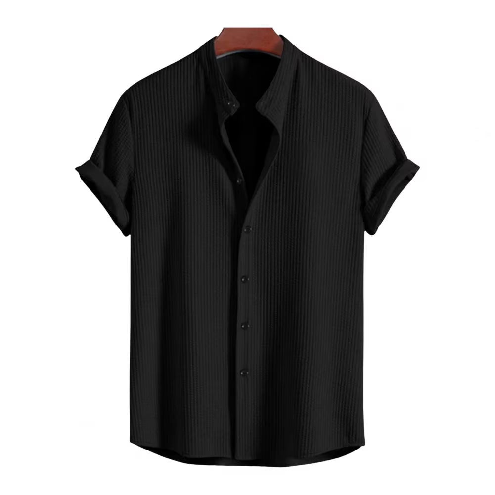Retro Shirt Men Vintage Shirt Stylish Men'S Stand Collar Cardigan Shirt for Business Wear Short Sleeve Button-Down Top Solid