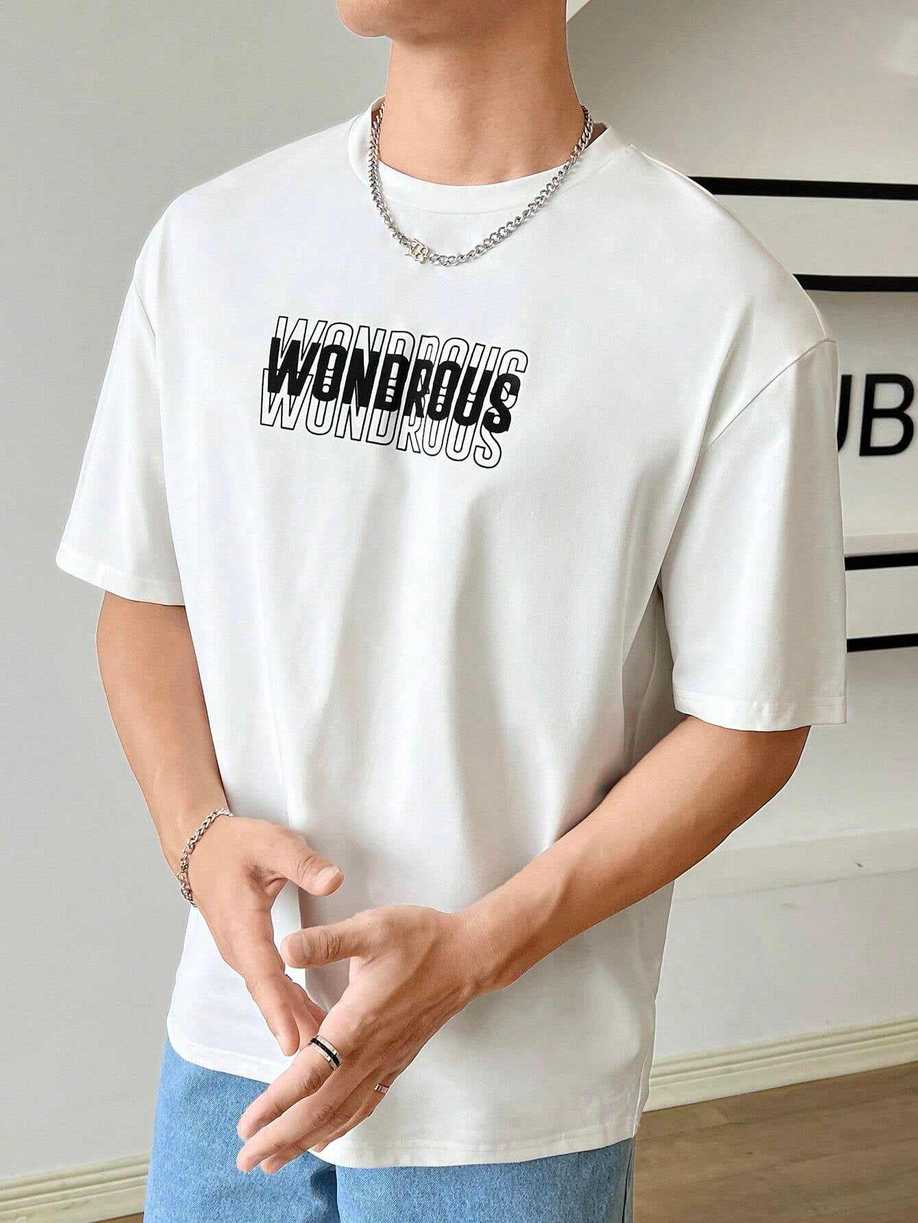 SWAVVY Loose Fit Men'S Elastic Knit T-Shirt with Slogan Print, Summer