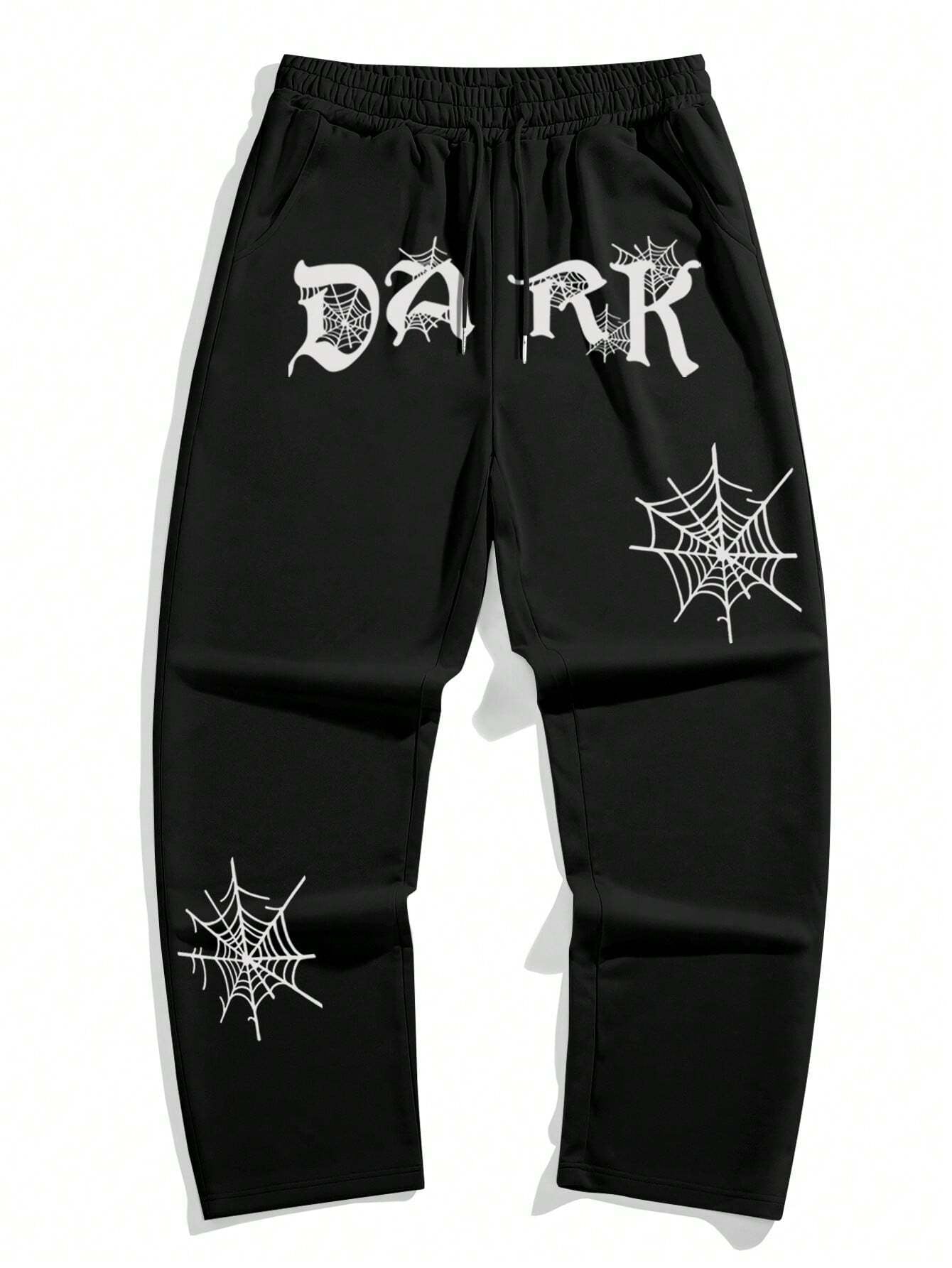 Manfinity EMRG Men'S Casual Spider Web & Letter Printed Sweatpants with Drawstring Waist and Slant Pockets, Halloween Graphic Going Out Long Baggy Sweatpants, for Husband, Boyfriend Gifts, for Rave