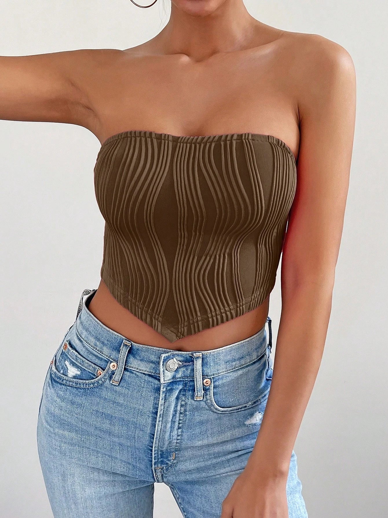 Chiquease Women Solid Color Textured Asymmetric Hem Cropped Bustier Top