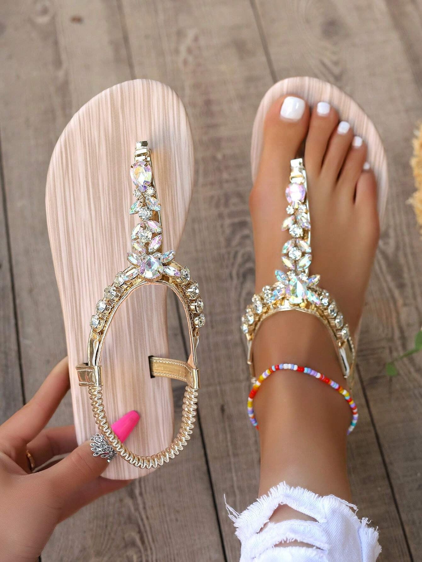 Gold Sandals Summer Women Shoes Roman Style Rhinestone Flat Heels Lightweight Slip-Ons Sexy Bohemian Beach Party Sandals