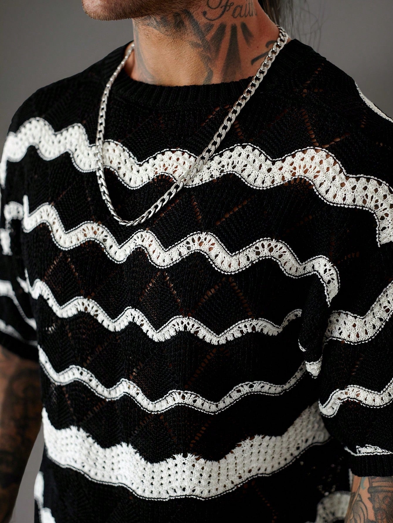 Manfinity Homme Men'S Wave Stripe Crew Neck Short Sleeve Casual Knit Top