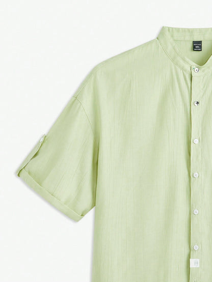 AKNOTIC Business Casual Men'S Woven Stand Collar Short Sleeve Casual Shirt, Suitable for Summer