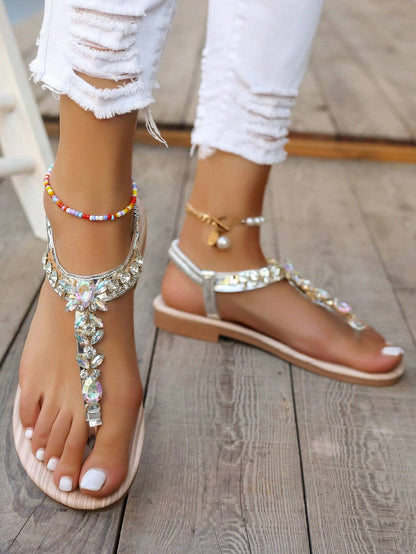 Gold Sandals Summer Women Shoes Roman Style Rhinestone Flat Heels Lightweight Slip-Ons Sexy Bohemian Beach Party Sandals