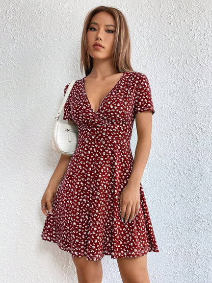 Ezwear Women Spring/Summer Elegant Wrap Heart Polka Dot Print V-Neck Short Sleeve Dress,Sun Dress